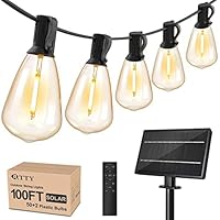 Solar String Lights Outdoor Waterproof 100ft with Remote and 52 Edison Bulb,Dimmable&Shatterproof,ST38 Solar Powered String Lights for Outside,Patio,Porch