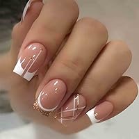 Foccna French Tip Press on Nails Medium Nude Fake Nails Square Bling Glossy White False Nail Tips Artificial Finger Manicure for Women and Girls 24pcs