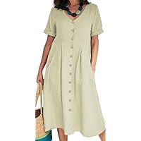 Women Casual V Neck Button Down Dress Cotton Linen Short Sleeve Knee Midi Length Loose Summer Dress