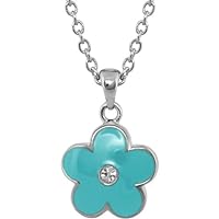 Girl's Rhodium-Plated Flower Pendant Necklace with Blue Enamel