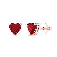 0.94cttw Heart Cut Solitaire Genuine Simulated Red Ruby Unisex Pair of Designer Stud Earrings Solid 14k Rose Gold Screw Back