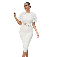 Dresses for Women 2023 Contrast Mesh Puff Sleeve Split Back Belted Bodycon Dress (Color : White, Size : Small)