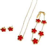 Five Leaf Lucky Clover Jewelry Set, Minimalist Creative Plant Flower Design Four leaf clover 18K Gold Plated Stainless Steel Pendant Necklace Earrings Bracelet Jewelry Set (3pcs red set v1)