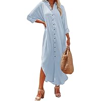 Dokotoo Women Elegant Casual Summer Spring Button Down Front Long Sleeve Maxi Dress Long Cardigan Cover Ups Shirt Dresses