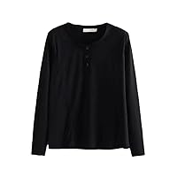 Women's Long Sleeves T-Shirt Crew Neck Buttons Cotton Blouse Loose Slim Pullover Shirts