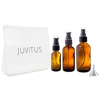 JUVITUS Amber Glass Boston Round Bottles Black Treatment Pump (3 Pack) 1-1 oz, 1-2 oz, 1-4 oz + Travel bag and Funnel