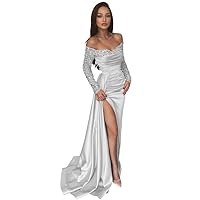 Off Shoulder Sequin Prom Dress for Women Satin Long Sleeve Slit Cocktail Dresses for Women Evening Party
