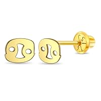 14k Yellow Gold Tiny Zodiac Sign Screw Back Earrings For Young Girls - Extra Small Horoscope Shaped Safety Screw Backs For Preteen Girls - Girls Horoscope Sign Earrings