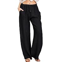 Andongnywell Women's Cotton and Linen Casual Pants Big feet Flared Drawstring Pocket Solid Color Wide Leg Pants