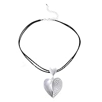 Trendy Black Leather Chokers Necklace for Women Silver Heart Pendant Love Jewelry Necklaces Fashion 45cm