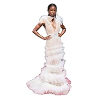 Generic Deep V Neck Women Bridal Ruffle Dress Sexy Strap Party wear Tulle Long Maxi Evening Dress for Wedding White