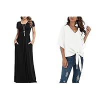 VIISHOW Womens Tie Front Short Sleeve V Neck Chiffon Blouses(Large)& Women Short Sleeve Maxi Long Dresses (Large)