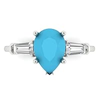 Clara Pucci 2.47ct Pear Baguette cut 3 stone Solitaire with Accent Simulated Cubic Zirconia Blue Turquoise Modern Ring 14k White Gold