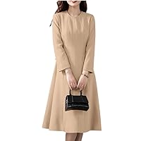 Collect Waist Women Office Shirt Dress Spring Round Neck Robe Elegant OL Pleated A-line Long Dresses