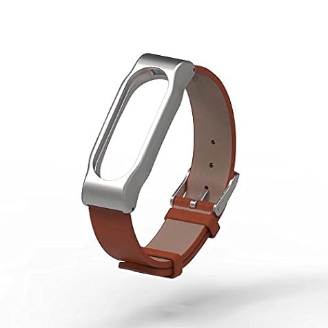 PINHEN Leather Bands Compatible with Xiaomi Mi Band 2 - Genuine Leather Replacement Strap Wristband with Metal Frame Bracelet Compatible with Xiaomi Mi Band 2 (Leather Brown)
