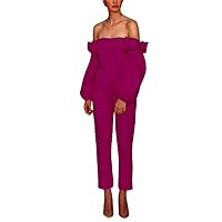 Women's Off Shoulder Jumpsuits Evening Dresses with Detachable Skirt Long Sleeves Satin Prom Gowns Pants Fuchsia