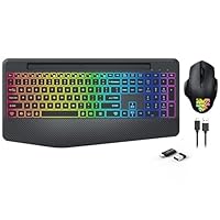 Wireless Keyboard and Mouse with 9 Colored Backlit, Wrist Rest, Jiggler Mouse, Rechargeable Silent Ergonomic Light Up Keyboard Mouse Combo with Phone Holder for Windows, Mac, PC, Laptop
