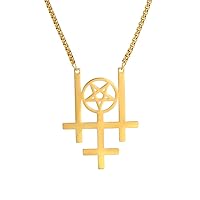 EUEAVAN Triple Reverse Cross & Pentagram Pendant Necklace Stainless Steel Pagan Wiccan Inverted Pentagram Pendant Satanic Jewelry Religious Necklace