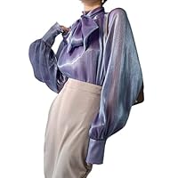 Classic Tie Neck Satin Blouse with Bow | Women Retro Long Sleeve Office Shimmer Shiny Glare Gradient Ombre Top Shirt #1267
