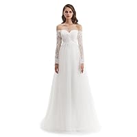 Women's Tulle Lace Long Sleeve Wedding Dresses for Bride A Line Off The Shoulder Bridal Wedding Gown