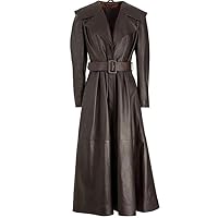 DSL - Stylish Belted 100% Real Leather Women's Long Trench Coat | Black