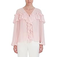 BCBGMAXAZRIA Women's V Neck Long Bishop Sleeve Sheer Ruffle Top