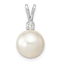 14k WhiteGold 9 10mm Round White Saltwater South Sea Pearl .05ct. Diamond Pendant Necklace Jewelry for Women