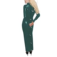 Long Sleeve Women Faux Leather Long Dress Performance Bodycon Club Dresses Halloween Back Zipper Dress with Multiple Locks