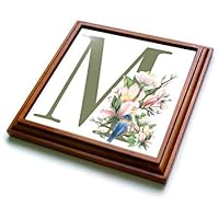 3dRose Green Monogram Initial M Pretty Floral and Bird - Trivets (trv-379735-1)