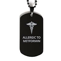 Medical Black Dog Tag, Allergic to Metformin Awareness, Medical Symbol, SOS Emergency Health Life Alert ID Engraved Stainless Steel Chain Necklace For Men Women Kids