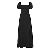 French Dresses Women's Bubble Sleeve Solid Color Open Long Dress Waster Dress