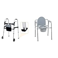 iLiving Easy Folding Rolling Walker with Shopping Bag Basket and Glide Skis & Drive Medical 11148-1 Folding Steel Bedside Commode Chair, Portable Toilet