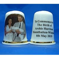 Porcelain China Collectable Thimble - Prince Harry & Meghan Markle with Baby Archie Box