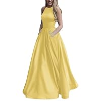 Women's A Line Halter Satin Beaded Prom Dresses Open Back Long Evening Gowns with Pockets