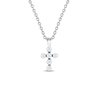 925 Sterling Silver White Simulated Pearl Cross Pendant Necklace for Babies & Little Girls 16