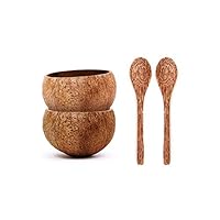 2 Eco-Friendly Raw Coconut Bowls (Small) w/ 2 Coconut Wood Spoons - 100% Natural, Organic Kitchen Set - Handcrafted from Reclaimed Coconut Shells + Offcuts
