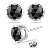 Round Rose Cut Black Diamond Stud Bezel Set Earrings AA Quality in 14K White Gold Available in Small to Large Sizes