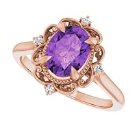Vintage 2.5 CT Oval Amethyst Ring 10k Rose Gold Ring, Antique Natural Amethyst Engagement Ring, Victorian Purple Amethyst Diamond Ring Perfact for Gift