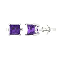 2.0 ct Princess Cut Solitaire Natural Amethyst Pair of Stud Everyday Earrings Solid 18K White Gold Butterfly Push Back