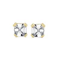 2 CT Asscher Cut Simulated White Diamond 8 Prong Stud Earrings with Push Back in 14K Yellow Gold