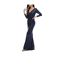 Women's V Neck Long Sleeve Sequin Bodycon Mermaid Evening Dress (Color : Dark Blue, Size : Large)