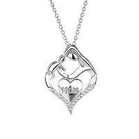 Navnita Jewellers 14k White Gold Plated 1.00 Ct Round Cut Simulated Diamond Mom-Heart Pendant Necklace With 18