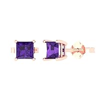 1.0 ct Princess Cut Solitaire Natural Purple Amethyst Pair of Stud Everyday Earrings 18K Pink Rose Gold Butterfly Push Back