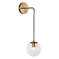 KCO Mid Century Modern Wall Light Fixture Minimalist Glass Globe Wall Mounted Sconce with Adjustable Cord Gold Brass Round Wall Reading Lamp (Clear Lampshade)