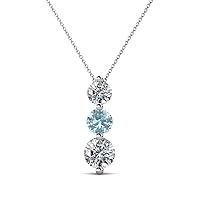 Round Aquamarine Diamond 7/8 ctw Graduated Three Stone Drop Pendant 16 Inches Chain 14K Gold
