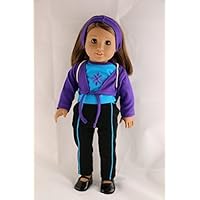 A 5 Pc Yoga Outfit in Purple and Black with Matching Backpack Designed for 18 Inch Doll