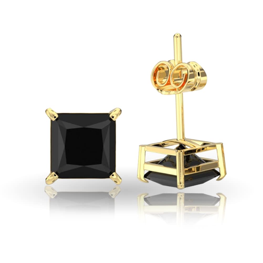 JiangXin Pricess cut Black Onyx 925 Sterling Silver Stud Earring 18K Gold Plated Square Solitaire Gemstone Jewelry