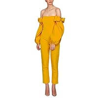 Women's Off Shoulder Jumpsuits Evening Dresses with Detachable Skirt Long Sleeves Satin Prom Gowns Pants Yellow