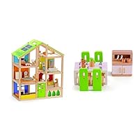 Hape All Seasons Kids Wooden Dollhouse Award Winning 3 Story Dolls House Toy with Furniture, Accessories, Movable Stairs and Reversible Season Theme & Wooden Doll House Furniture Dining Room Set