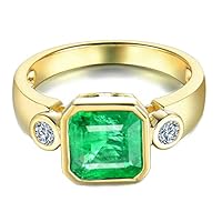 2.20 Cttw Asscher Shape Simulated Green Emerald & White Cubic Zirconia Wedding Engagement Three Stone Ring In 14K Yellow Gold Plated 925 Sterling Silver